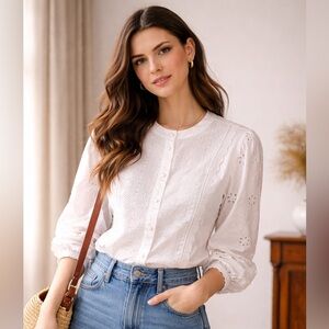 🤍 Romantic White Eyelet Lace Blouse | Cottagecore Prairie Top | Balloon Sleeve
